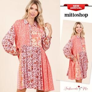 Mittoshop Floral Pattern Button Detail Long Sleeves Mini Shirt Dress | Coral